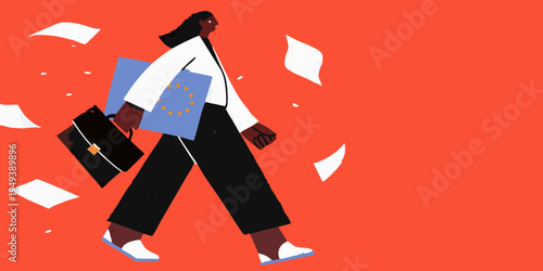 A woman walks with papers falling around her in a vibrant flat illustration