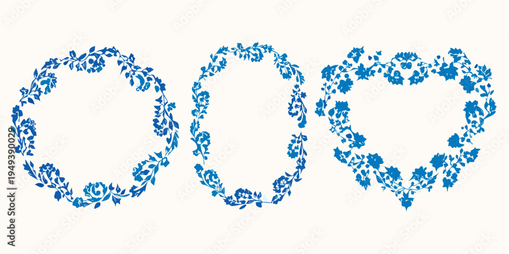 Obraz premium Three floral wreaths in blue circle oval and heart shapes