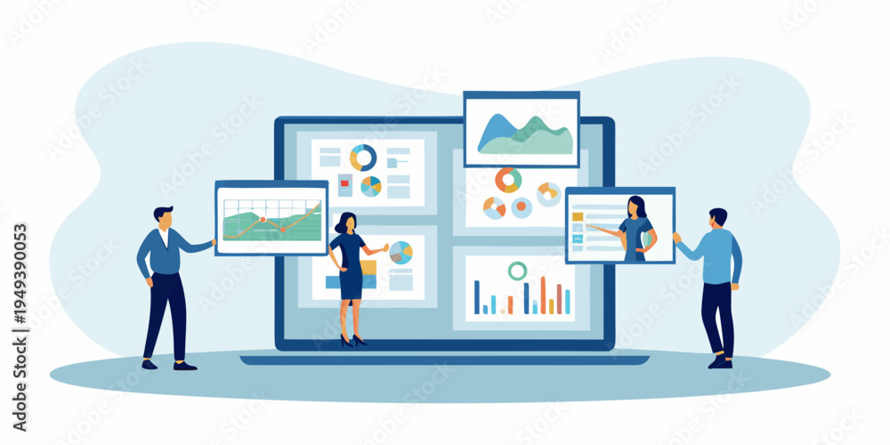 Naklejka premium Data analysis and business strategy visualized with digital dashboards and people