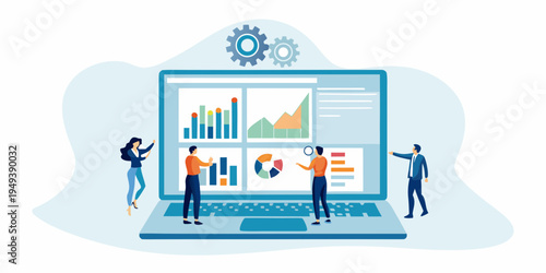 Team analyzing data and charts on a large computer screen