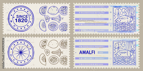 Four vintage style postage stamps with citrus and floral designs