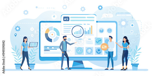 Team collaborating around a large computer screen displaying data analysis