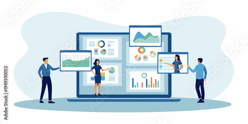 Data analysis and business strategy visualized with digital dashboards and people