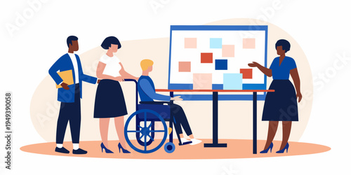 Diverse team collaborating around a whiteboard with sticky notes