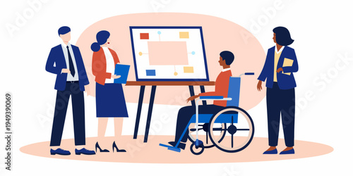 Diverse business team collaborates around a presentation and accessible workspace