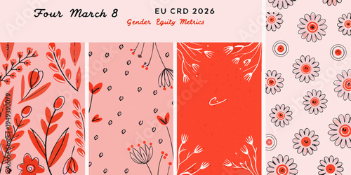 Floral patterns and text regarding gender equity metrics are displayed