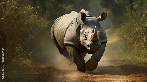 Majestic charging rhinoceros sprinting toward the camera through a dusty forest path