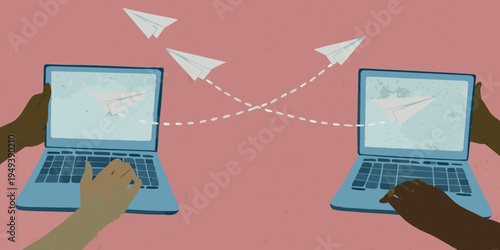 Digital connection illustrated with paper airplanes and laptop computers