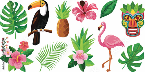 A vibrant collection of tropical birds fruits flowers and masks