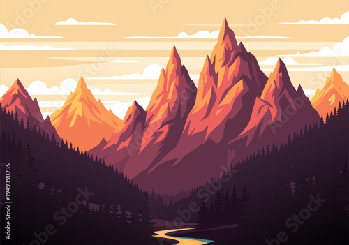 Stunning sunset mountain landscape vector illustration with dramatic peaks and winding river through a pine forest, perfect for nature-themed designs