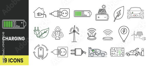 Detailed set of 19 eco friendly and technology icons for energy concepts