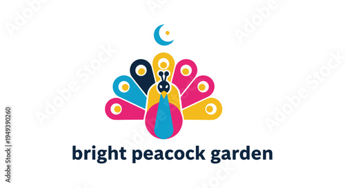 Colorful peacock logo on white background for gardening brand in vibrant playful style with bright multicolored lighting for outdoor advertising