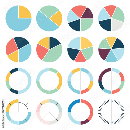 Pie Chart Set and Circle Icons for Infographic, Colorful Data Diagram Collection for Data Analysis, Business Presentation, Dashboard UI, Web Design and Analytics Report Visualization Vector