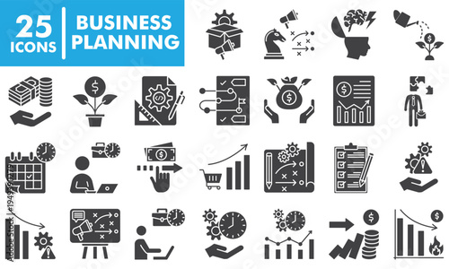 Business Planning Solid Icon Set Including Strategy, Analytics, Investment, Growth, Management and Marketing