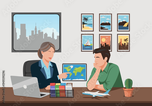 Experienced travel agent provides personalized consultation to a male customer, a colorful vector illustration for holiday and travel planning services