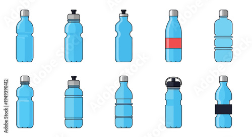 A collection of various blue water bottles with different designs and caps on a white background