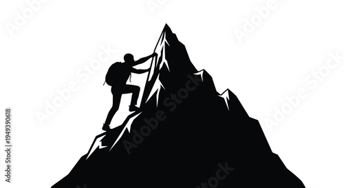 Hiker silhouette vector illustration aggressively scaling a sharp mountain peak against a white background