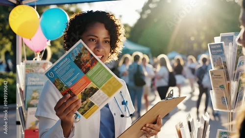 Doctor hands health brochure to patient at outdoor fair. Female doctor shares health information at community tent. Doctor gives brochure at health fair. Outdoor health event with doctor and patient.