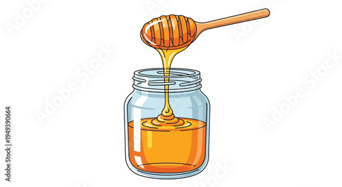 A honey dipper pouring honey into a glass jar on a white background