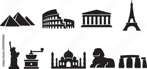 Ancient architecture icon set with temples, pyramids, columns and historic monuments in clean line style.