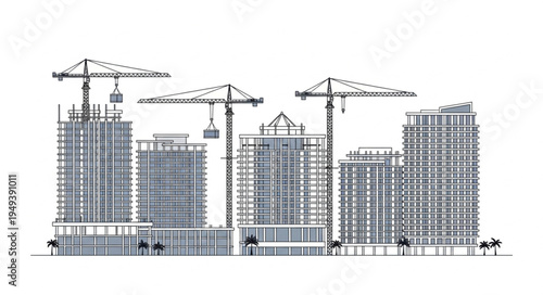 Modern Cityscape Under Construction with Cranes and Buildings.