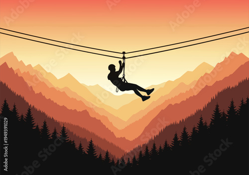 Vector illustration thrilling zipline adventure silhouette soaring over a majestic mountain landscape at vibrant sunset, embodying outdoor sport and freedom