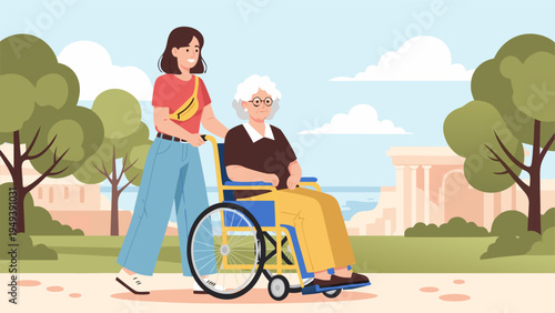 Warmhearted caregiver pushing an elderly woman in a wheelchair through a sunny park, a thoughtful vector illustration depicting compassion and outdoor assistance