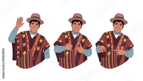 Cheerful vector illustration of a man in traditional cultural attire with poncho and hat, demonstrating positive hand gestures waving, thumbs up, and pointing