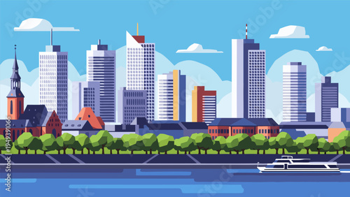 Detailed vector illustration of a vibrant modern city skyline, showcasing diverse architecture along a scenic river with a boat, presented in a crisp flat design