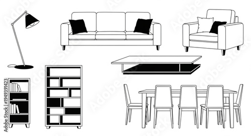 Collection of modern furniture and lighting illustrations.