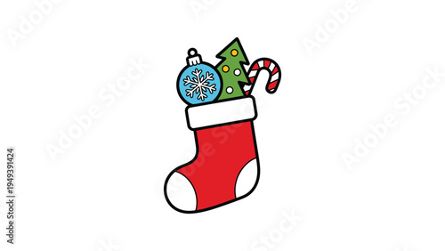 christmas stocking with candy cane and holiday treats cartoon illustration festive winter decoration red sock icon isolated