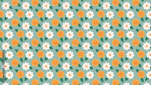 A seamless pattern featuring alternating white and orange stylized flowers with green stems and leaves on a light teal background, creating a cheerful and repetitive floral design.