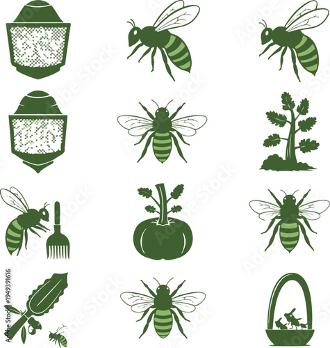 Green garden icons featuring bees and gardening tools
