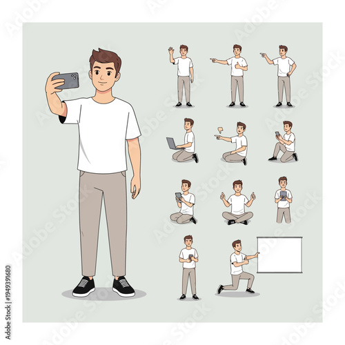 Digital Avatar's Versatile Poses: This image captures a series of digital avatar in various poses, from taking a selfie to interacting with technology.