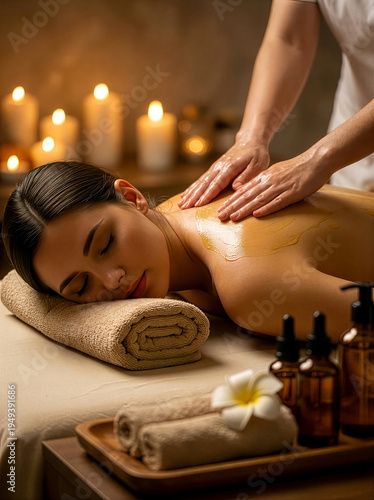 Relaxing massage session in a spa with candles and essential oils