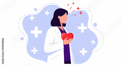 Vector illustration of a dedicated female doctor holding a vibrant red heart symbol representing cardiology care