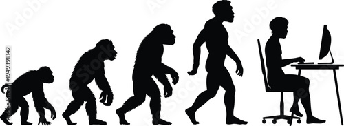 Human evolution silhouette from ape to modern man using computer, evolution theory concept showing development of humanity and technology isolated on white background