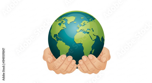 Hands cradling a green globe representing earth on transparent background