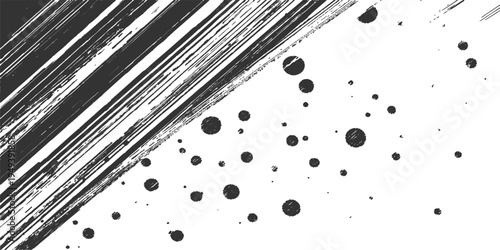 A striking, monochromatic abstract art piece features bold brushstrokes and scattered droplets. The dynamic composition and raw texture create a sense of movement and visual interest. 