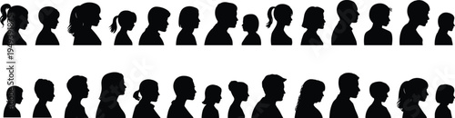 People profile silhouette collection showing different ages from children to adults, side view head portraits isolated on white background, human diversity vector set