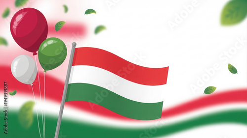 Hungarian Flag Waving with Balloons and Falling Leaves on Abstract Celebration Background Vector Illustration
