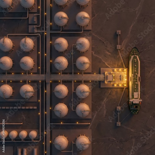 Aerial view of an industrial facility with interconnected storage tanks and a docked oil tanker illuminated at night showcasing advanced logistics and sophisticated design