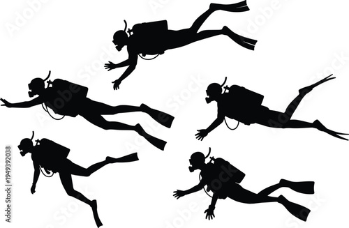 Scuba diver silhouette collection set, underwater diving poses with oxygen tank and fins isolated on white background, marine adventure vector illustration