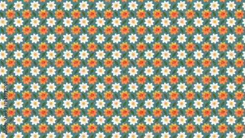 A repeating pattern of small white and orange daisy-like flowers on a dark teal background, creating a cheerful and decorative floral design.
