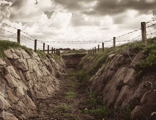 World war trench with barbed wire and cloudy sky old photography