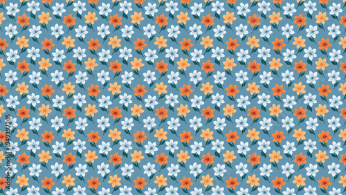 Seamless pattern of small white and orange stylized flowers on a blue background, creating a cheerful and repetitive floral design.