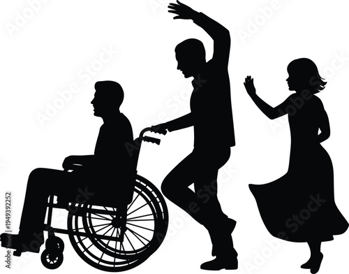 Wheelchair user with dancing people silhouette illustration representing inclusion, disability awareness and accessibility concept isolated on white background, diversity vector design