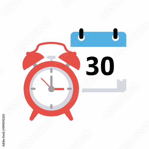 Red Alarm Clock and Calendar Showing Thirty.