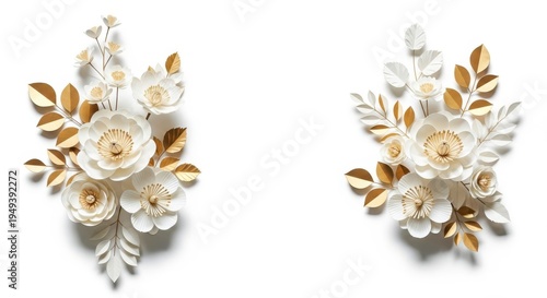 Beautiful white and gold paper flowers on white background