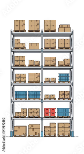 Warehouse Storage Shelves with Cardboard Boxes.